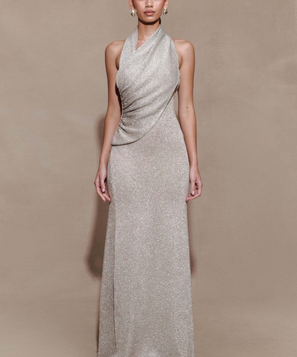 Elma Lurex Knit Halter Maxi Dress - Silver