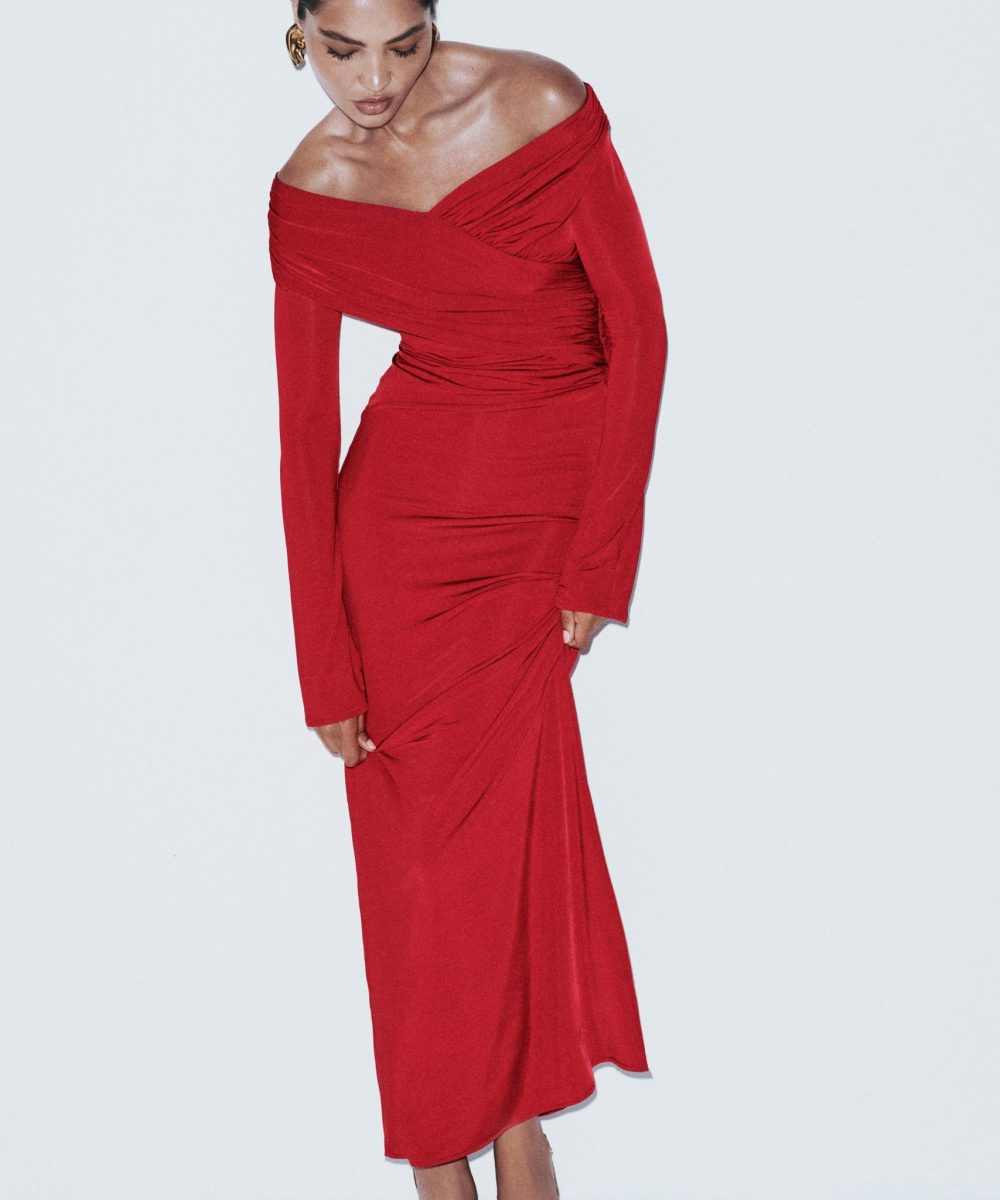Therese Off Shoulder Ruched Maxi Dress - Red
