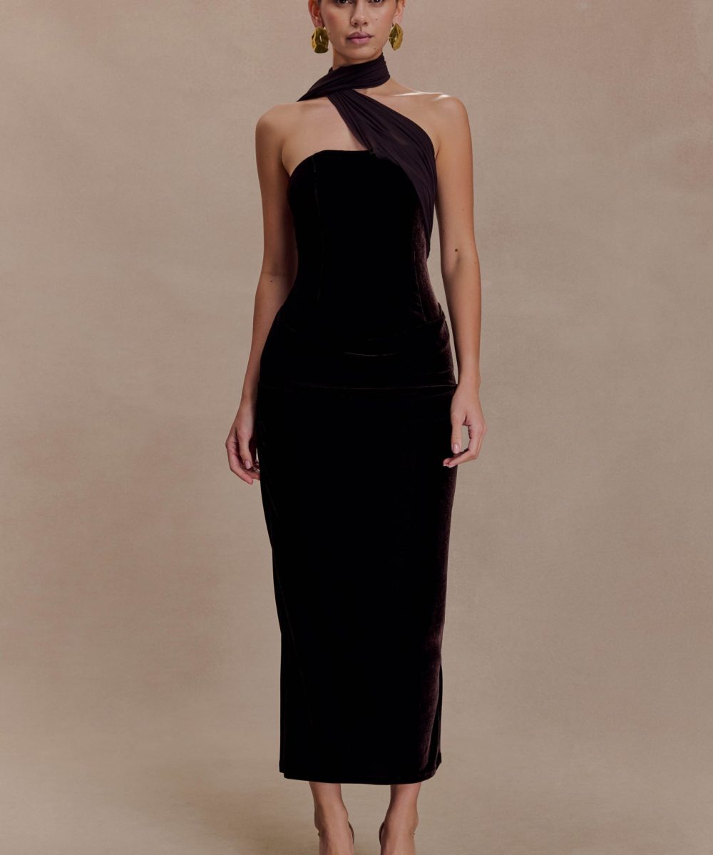 Mattea Velvet Midi Dress With Scarf - Chocolate