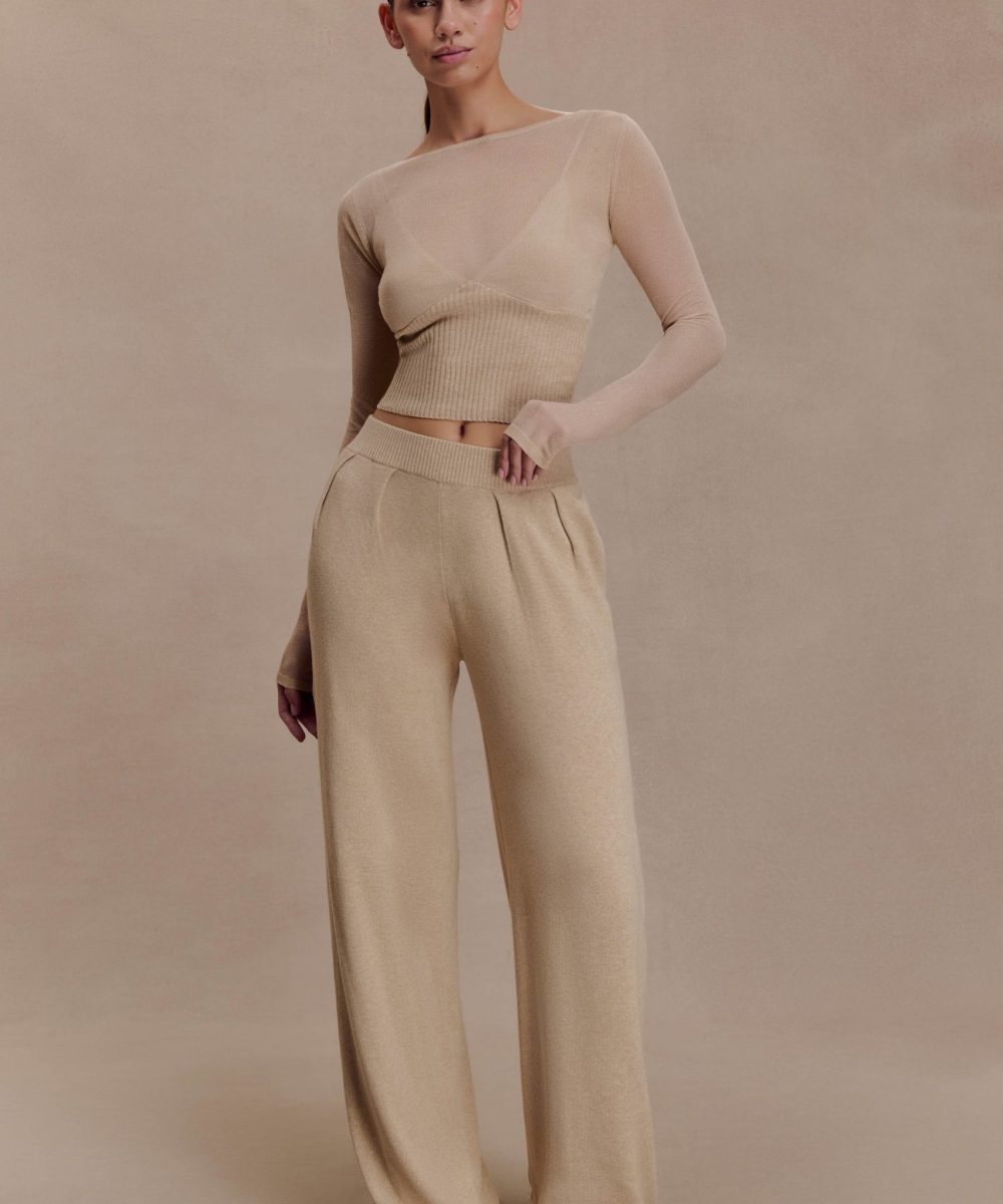 Frannie Gathered Silk Blend Knit Pants - Sand