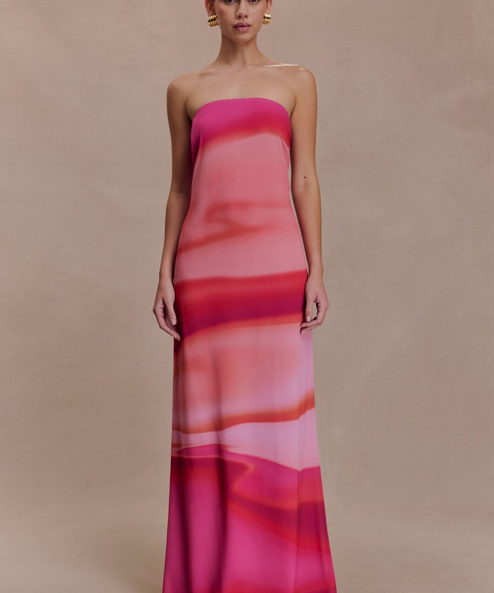 Amaya Strapless Chiffon Maxi Dress - Pink Sunset Print