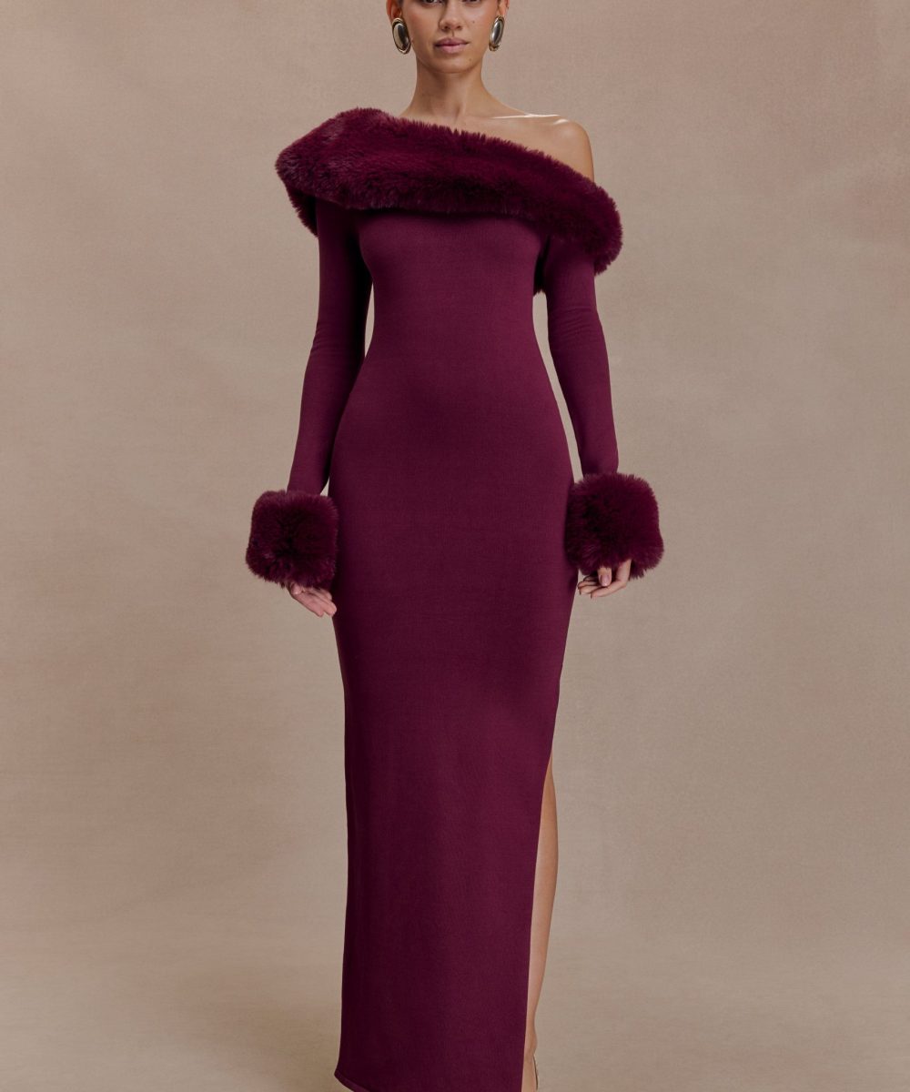 Karleigh Faux Fur Knit Maxi Dress - Plum