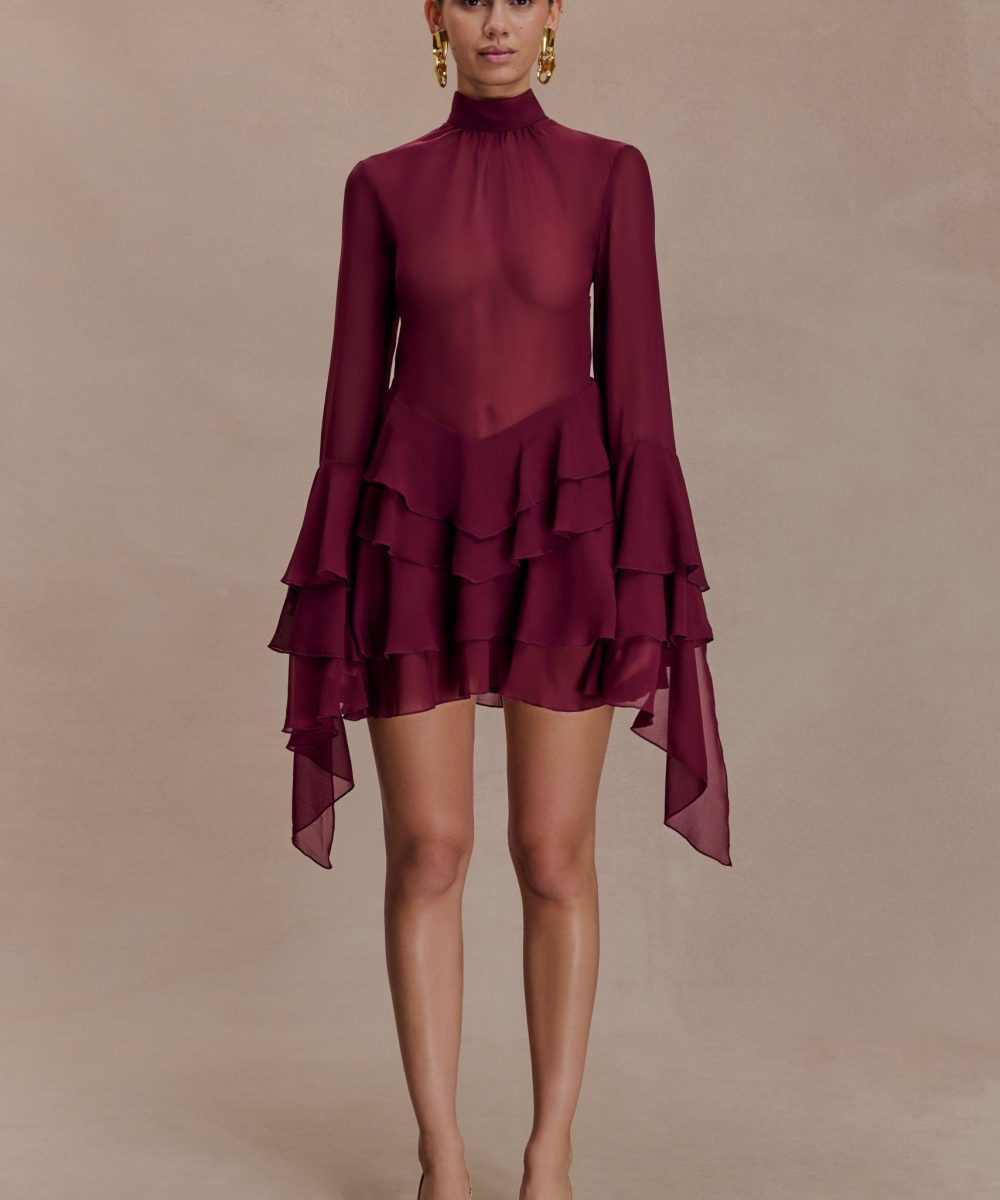 Nimah Chiffon Ruffle Mini Dress - Wine