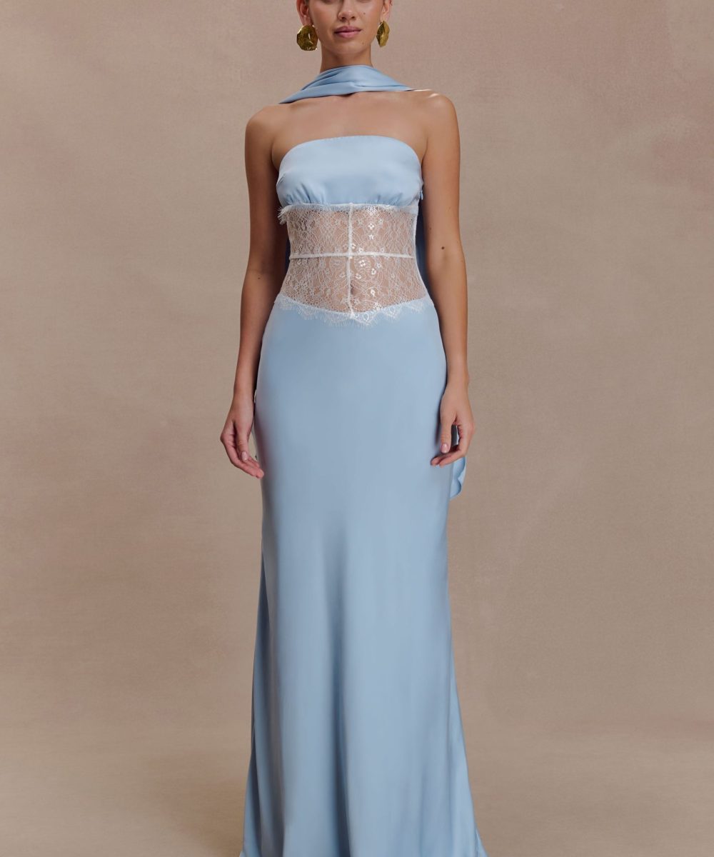 Pilar Strapless Satin And Lace Maxi Dress - Cornflower Blue