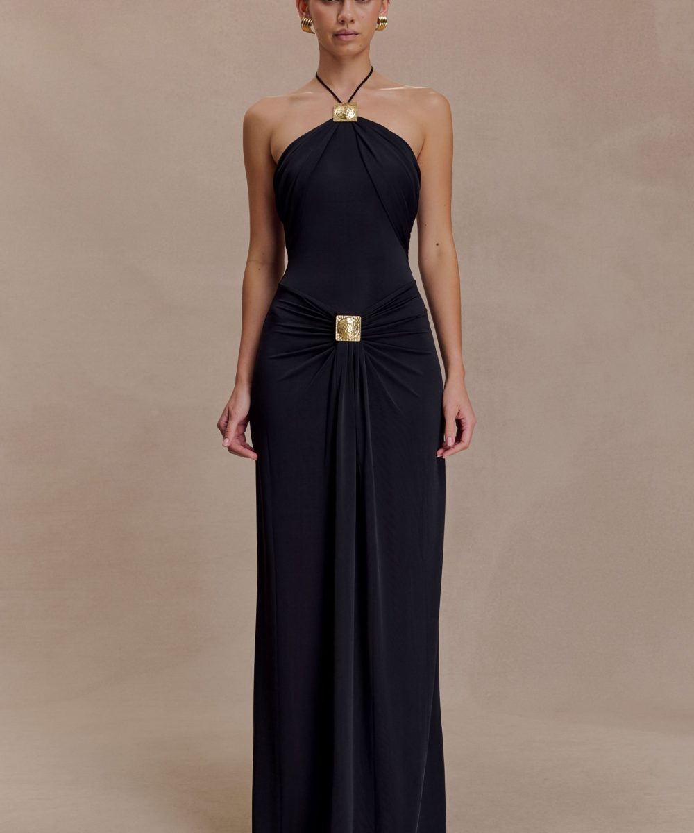 Quincy Halter Maxi Dress With Hardware - Black