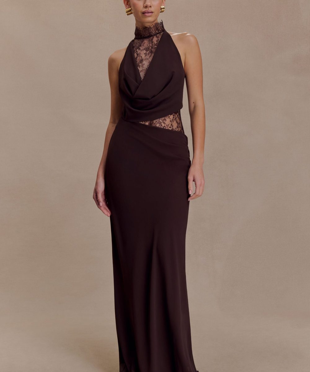 Arra Chiffon And Lace Halter Maxi Dress - Cacao Brown