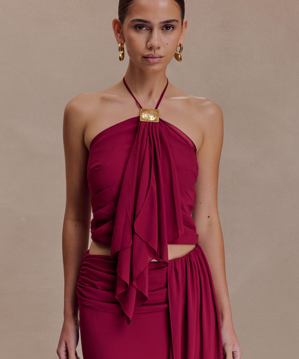 Celina Chiffon Halter Top With Hardware - Cherry Red