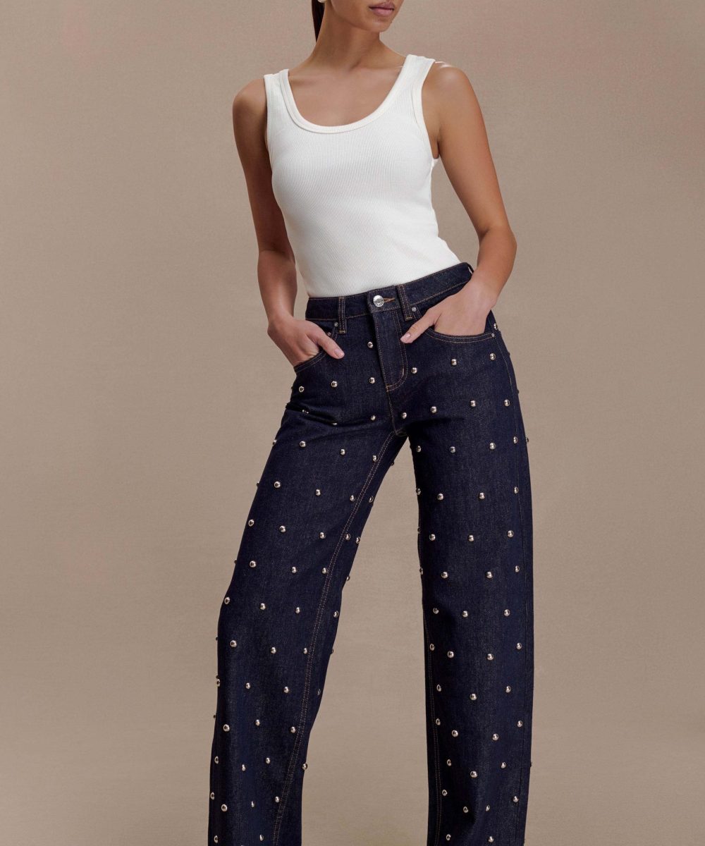 Alima Mid Rise Stud Denim Jeans - Washed Indigo Blue