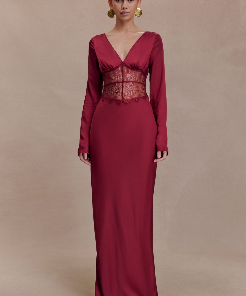 Kaya Long Sleeve Satin And Mesh Maxi Dress - Wine