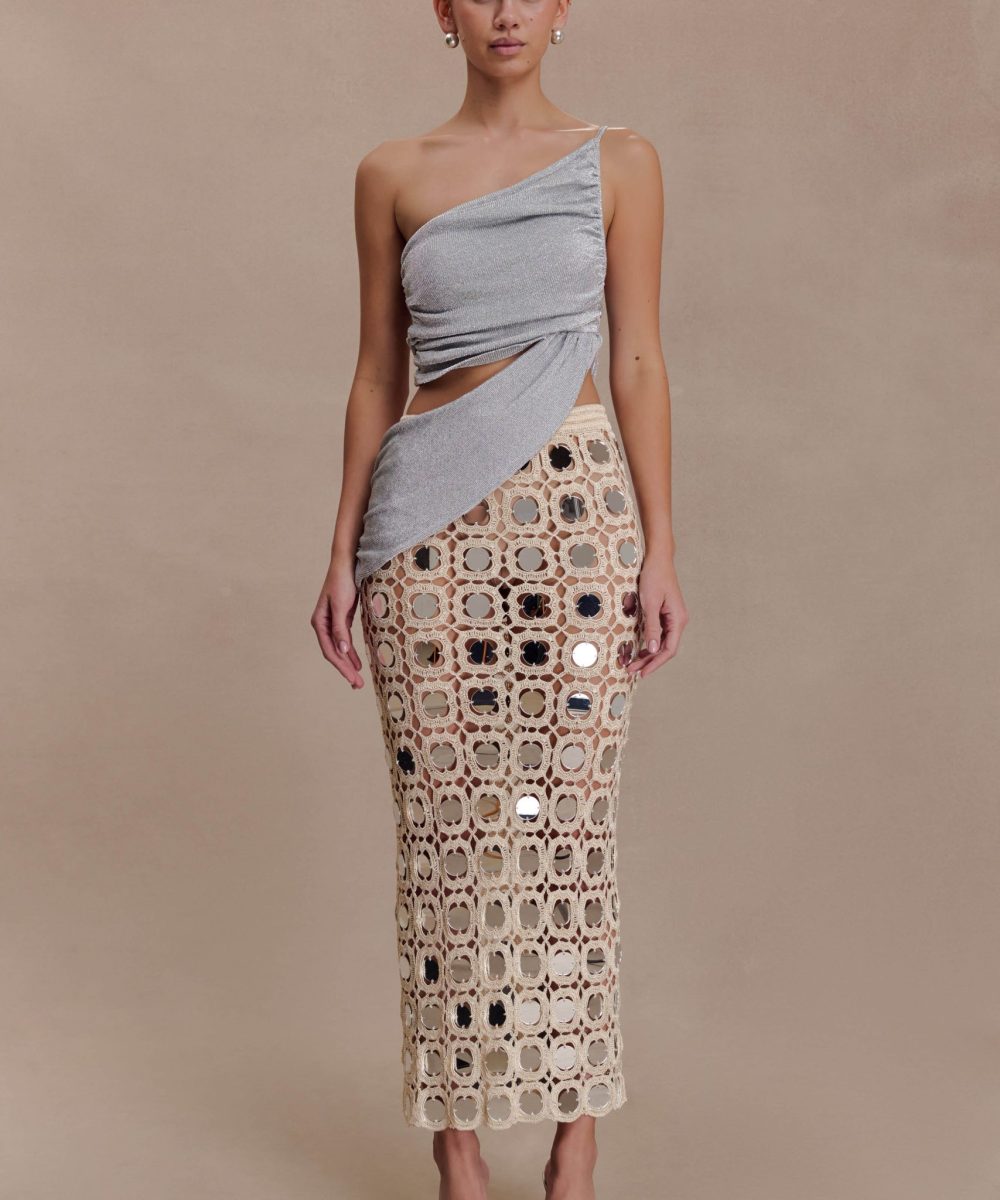 Noel Mirror Knit Midi Skirt - Beige