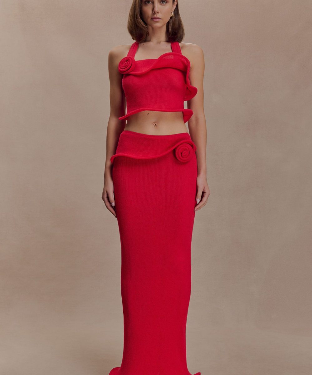 Samira Knit Wired Maxi Skirt - Red