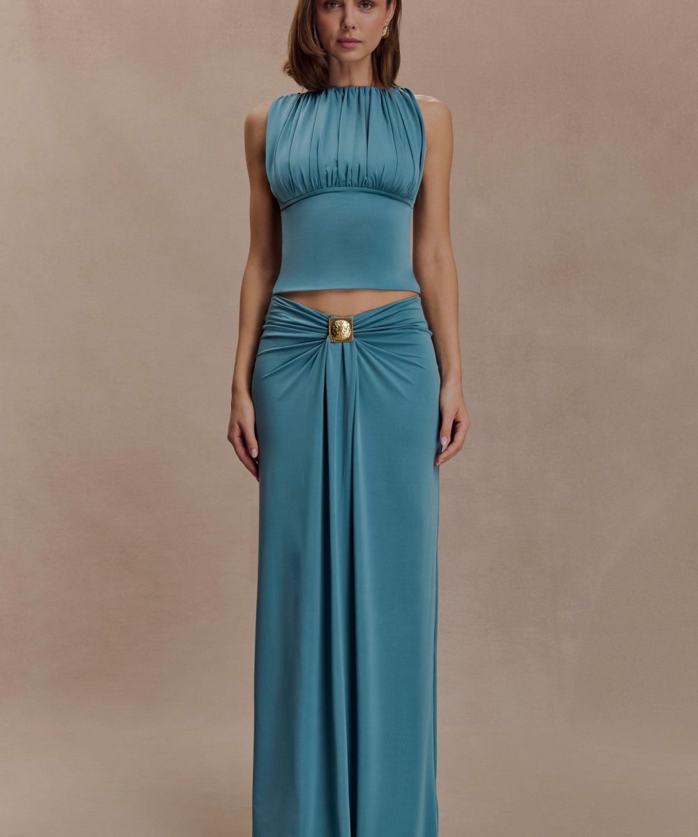 Erina Slinky Ruched Maxi Skirt With Hardware - Teal
