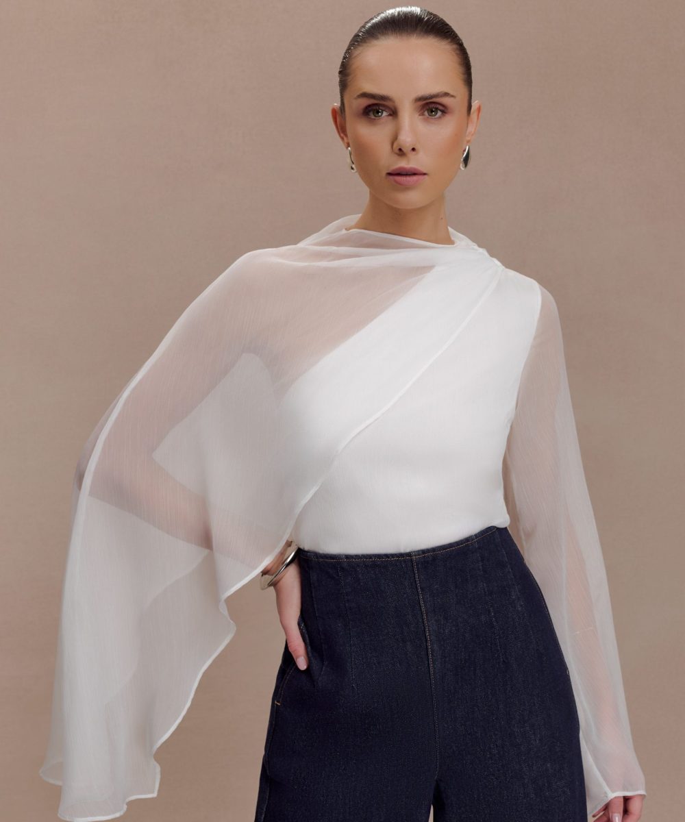 Ida Sheer Asymmetrical Long Sleeve Cape - White