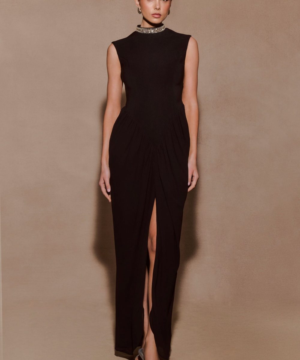 Elisa Diamante Neck Maxi Dress - Black