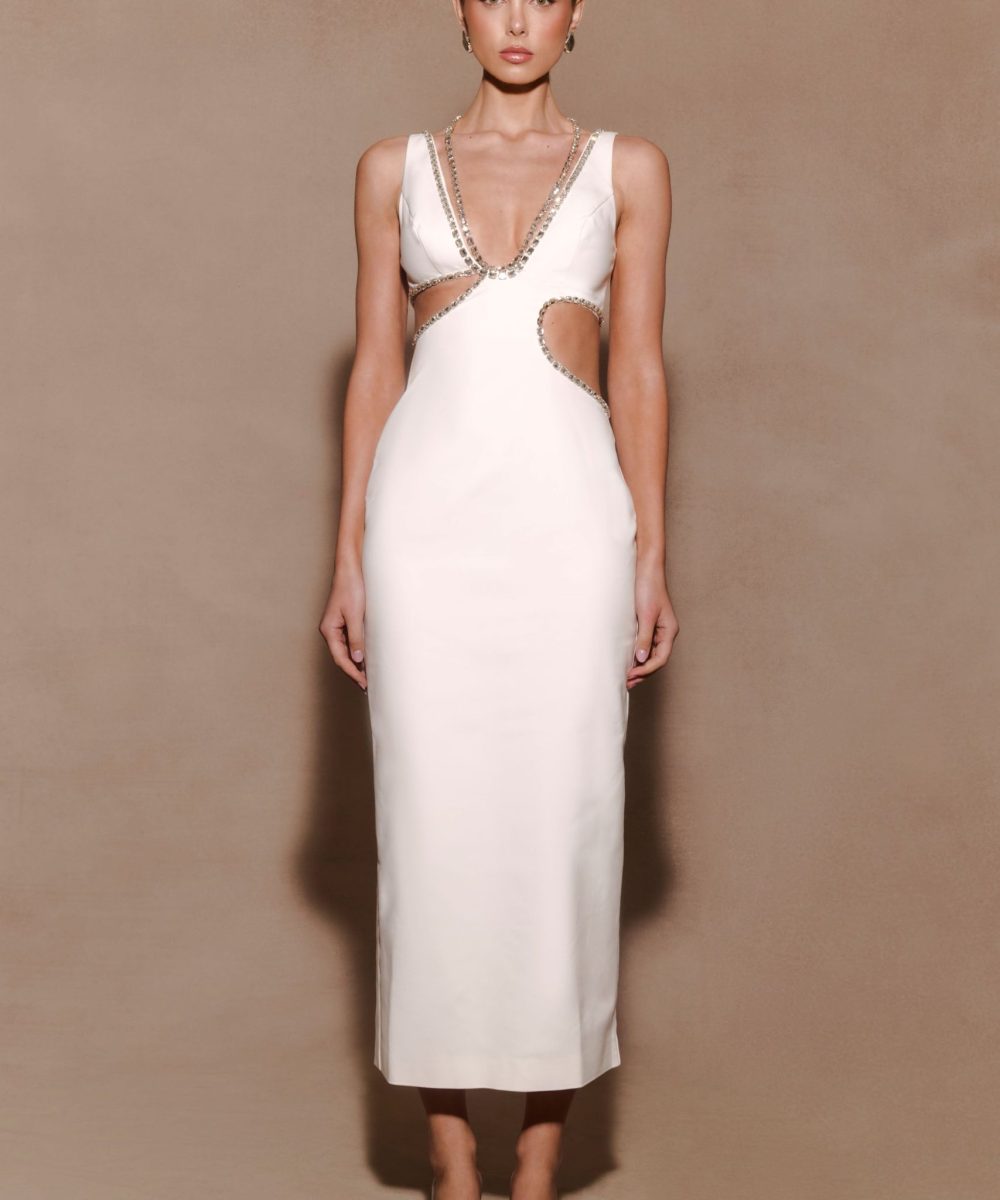 Henny Diamante Trim Cut Out Midi Dress - White