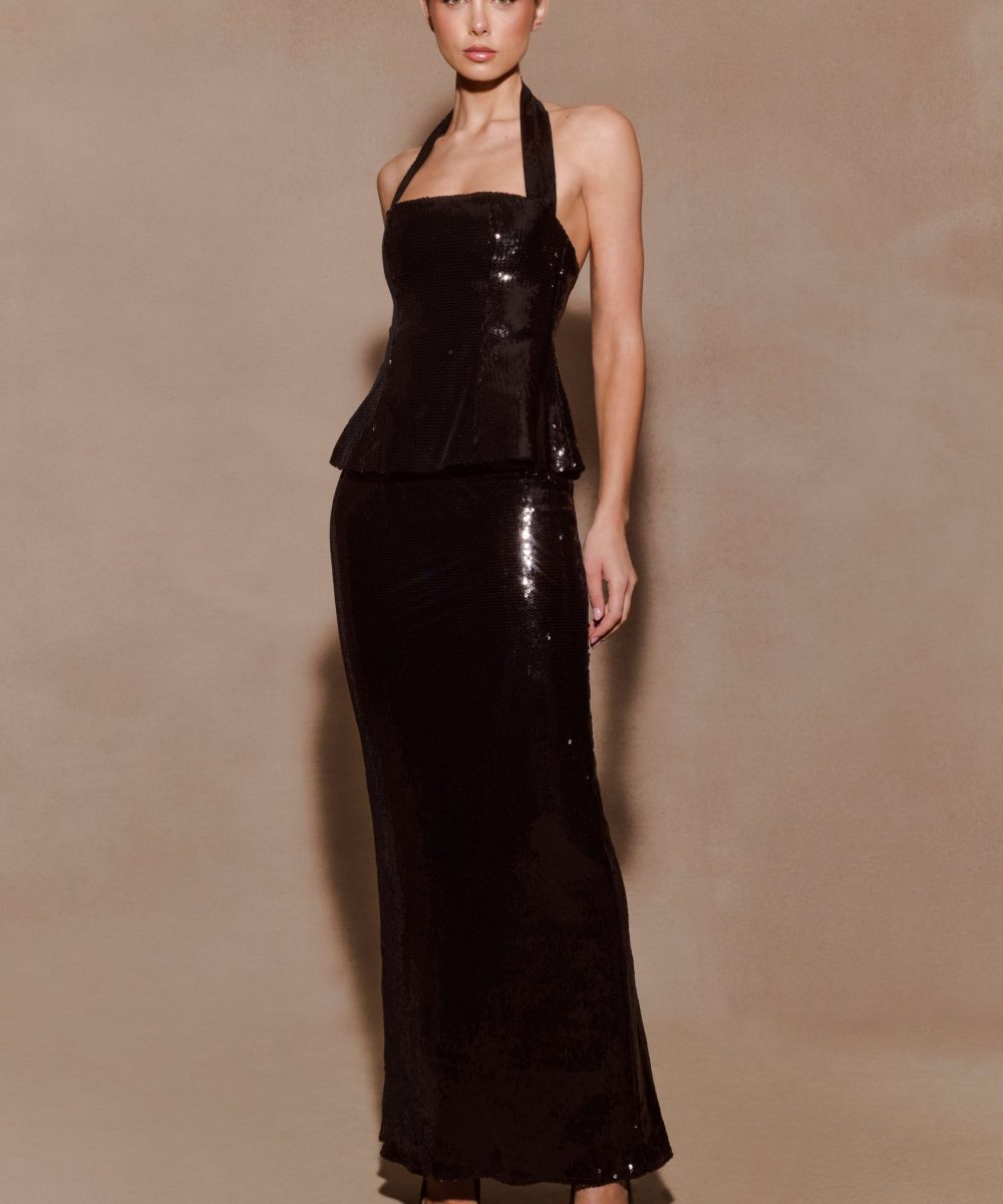 Bertie Sequin Peplum Halter Maxi Dress - Black