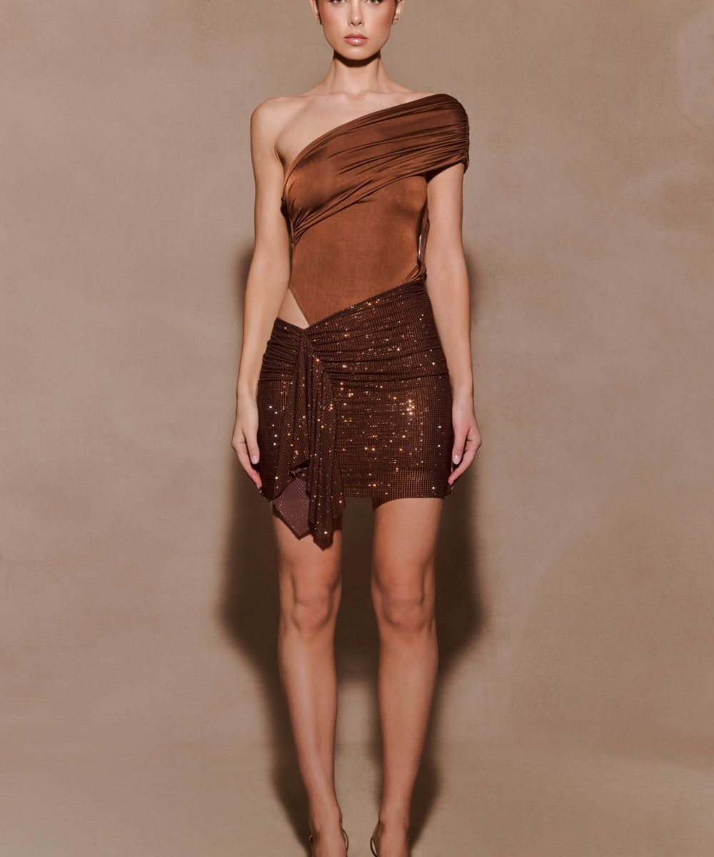 Paisley Slinky And Diamante Mini Dress - Chocolate