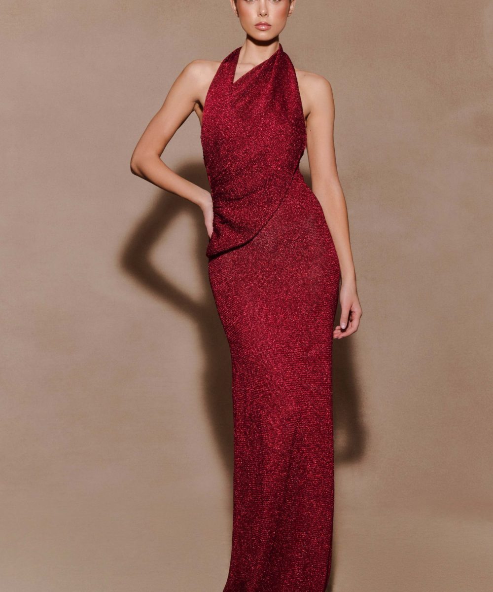 Elma Lurex Knit Halter Maxi Dress - Deep Red
