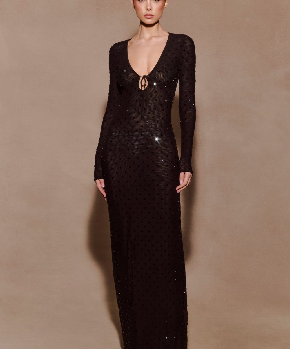 Acadia Diamante Long Sleeve Maxi Dress - Black