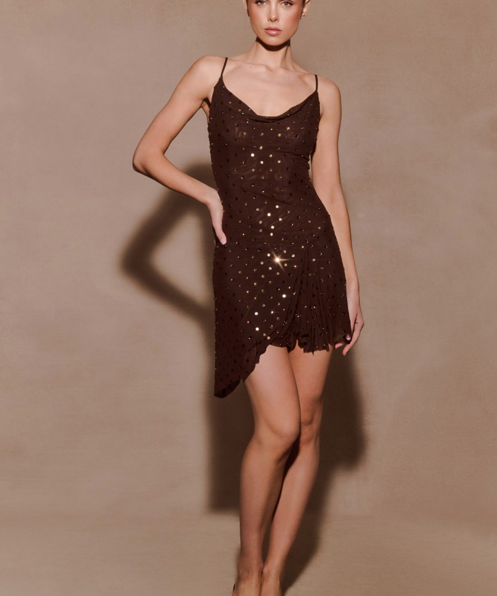 Zahra Diamante Cowl Mini Dress - Chocolate