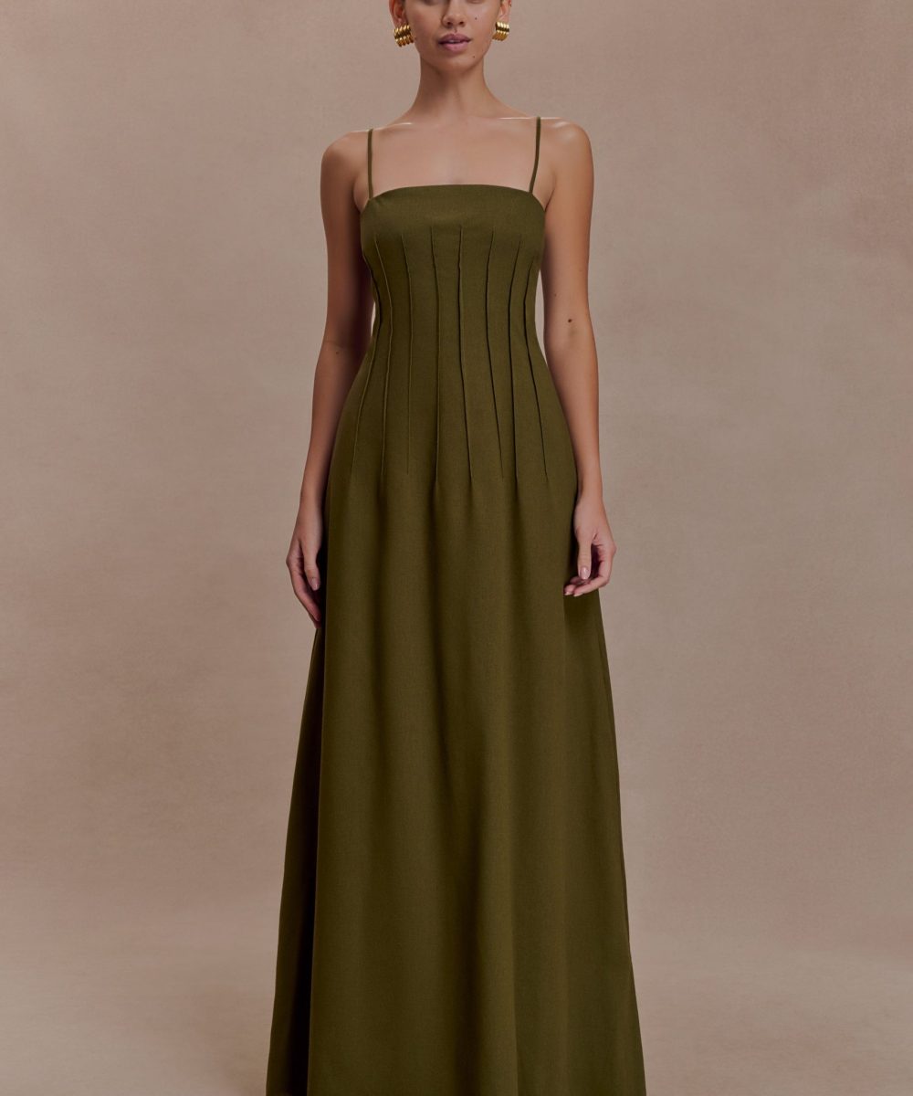 Sofie Pintuck Linen Maxi Dress - Khaki