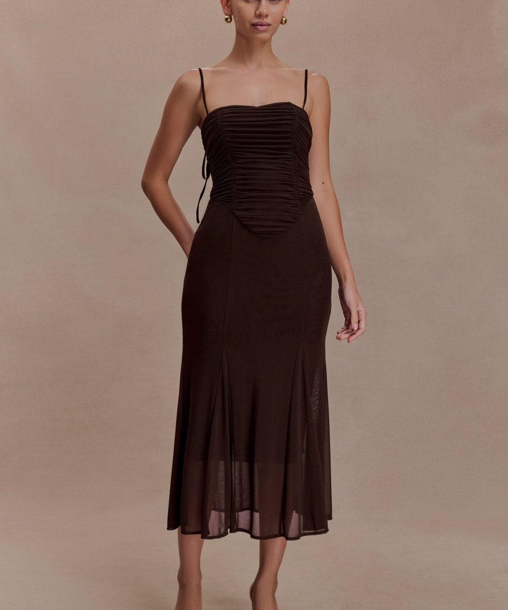 Willa Gathered Mesh Midi Dress - Chocolate