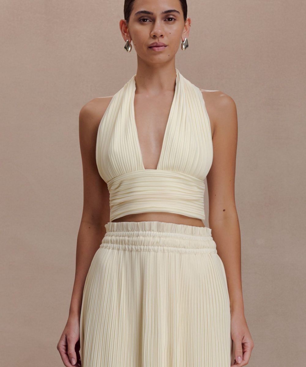 Amaris Sleeveless Plisse Halter Top - Lemon