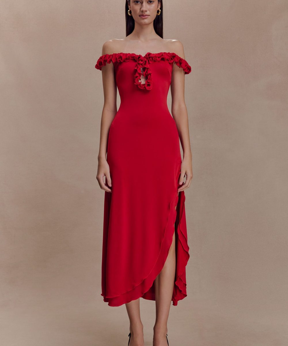 Allegra Off Shoulder Ruffle Midi Dress - Ruby
