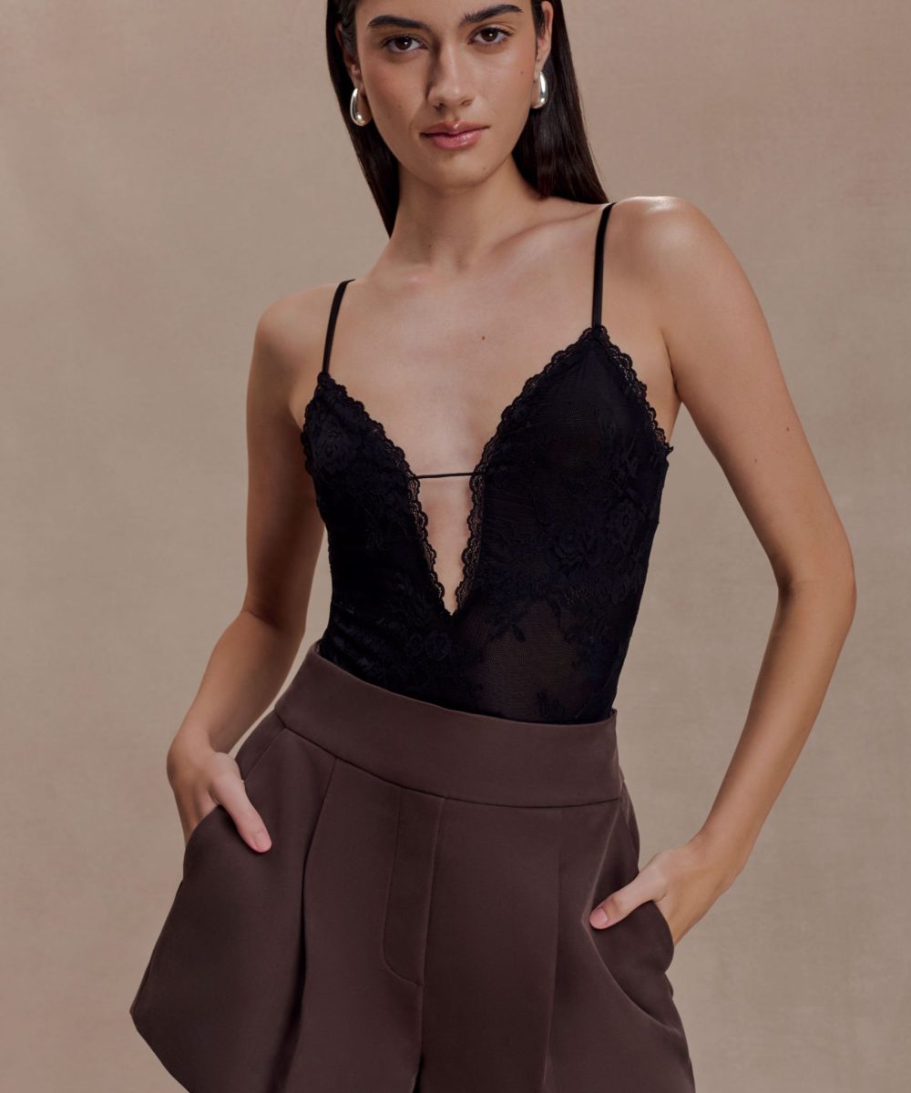 Jasper Sheer Plunge Lace Bodysuit - Black