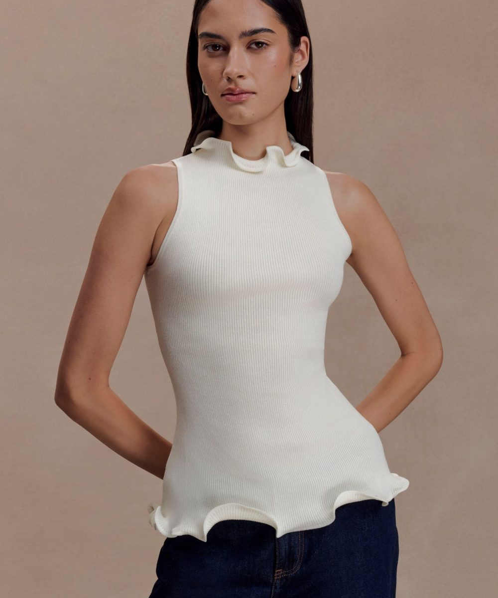 Diya Ribbed Sleeveless Top With Wire Hem - Ivory