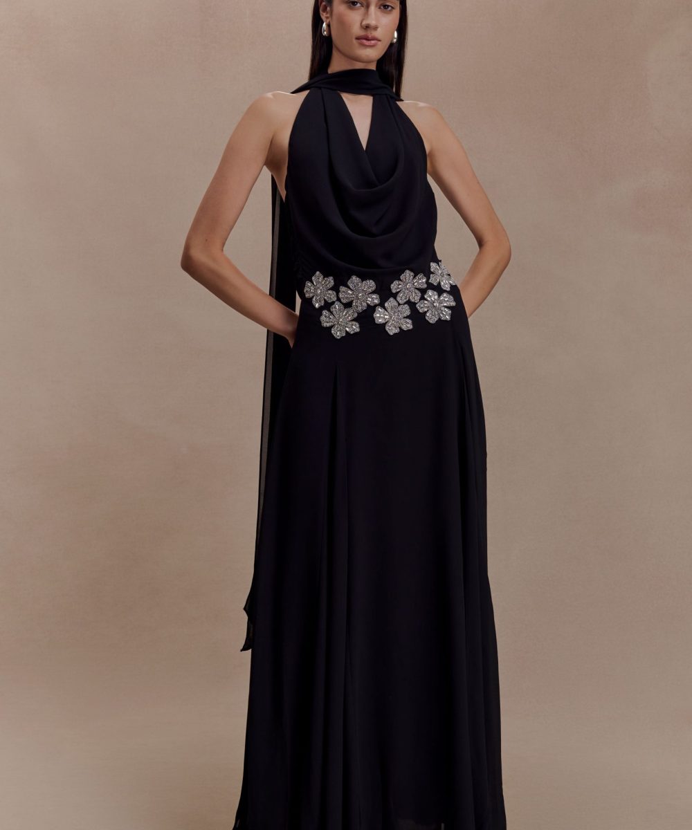 Santal Floral Chiffon Halter Maxi Dress - Black