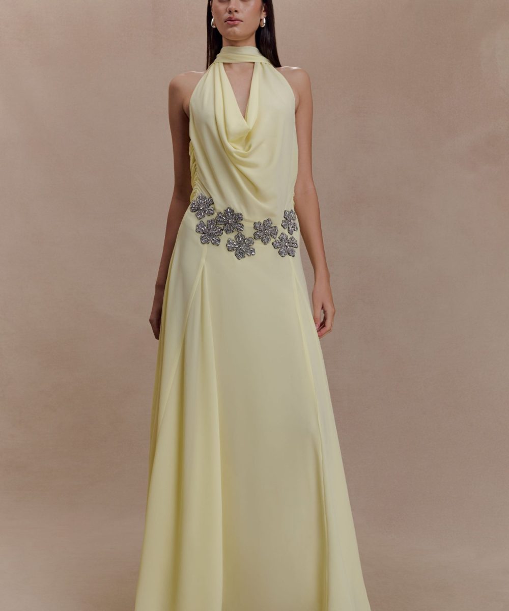 Santal Floral Chiffon Halter Maxi Dress - Lemon