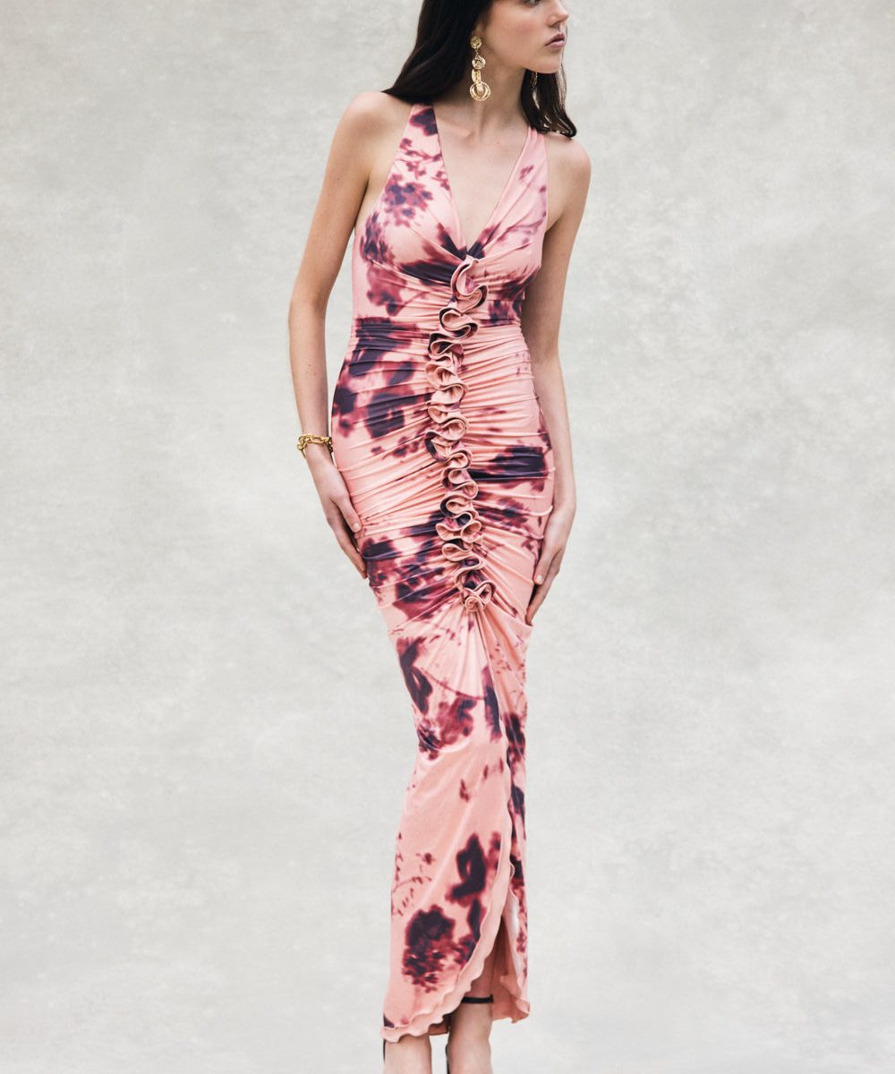 Alessandra Slinky Ruffle Maxi Dress - Pink Blurred Floral Print