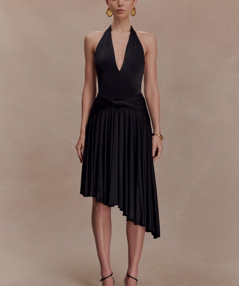 Zelda Asymmetric Slinky Midi Dress - Black