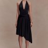 Zelda Asymmetric Slinky Midi Dress - Black