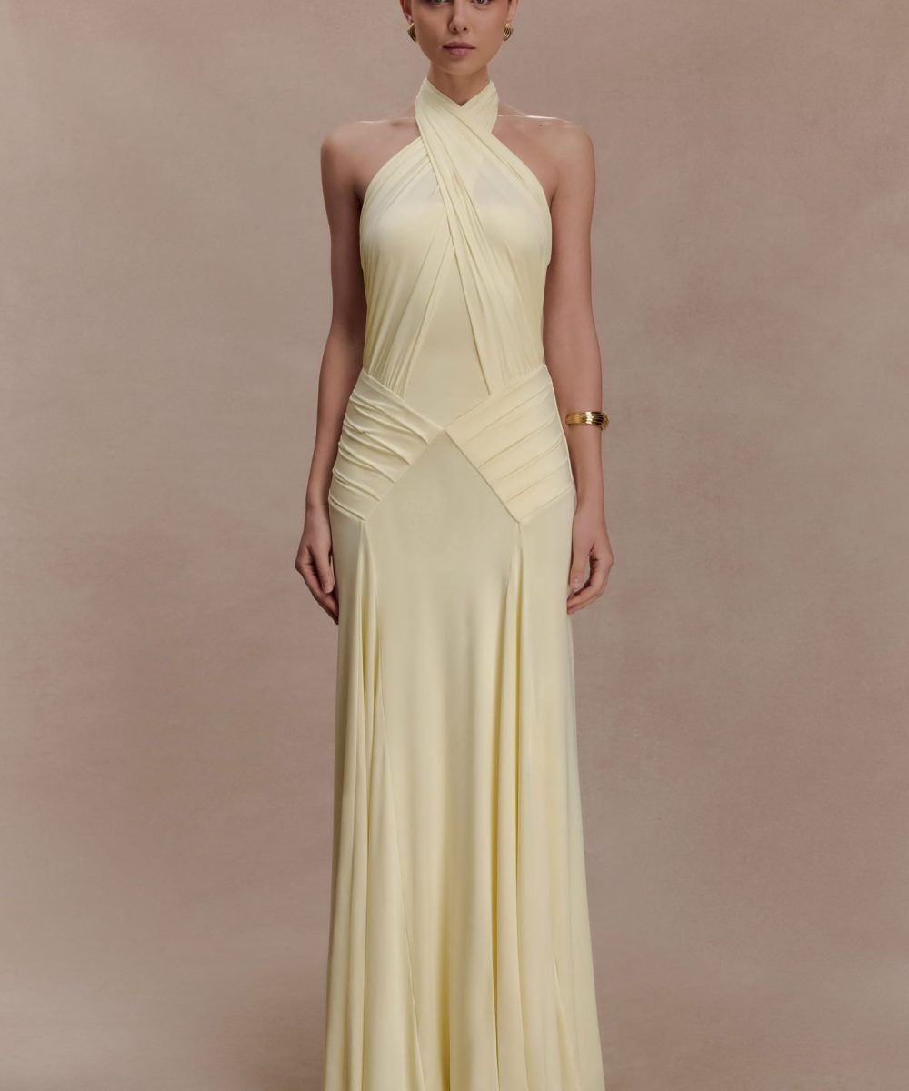 Indira Gathered Slinky Halter Maxi Dress - Lemon