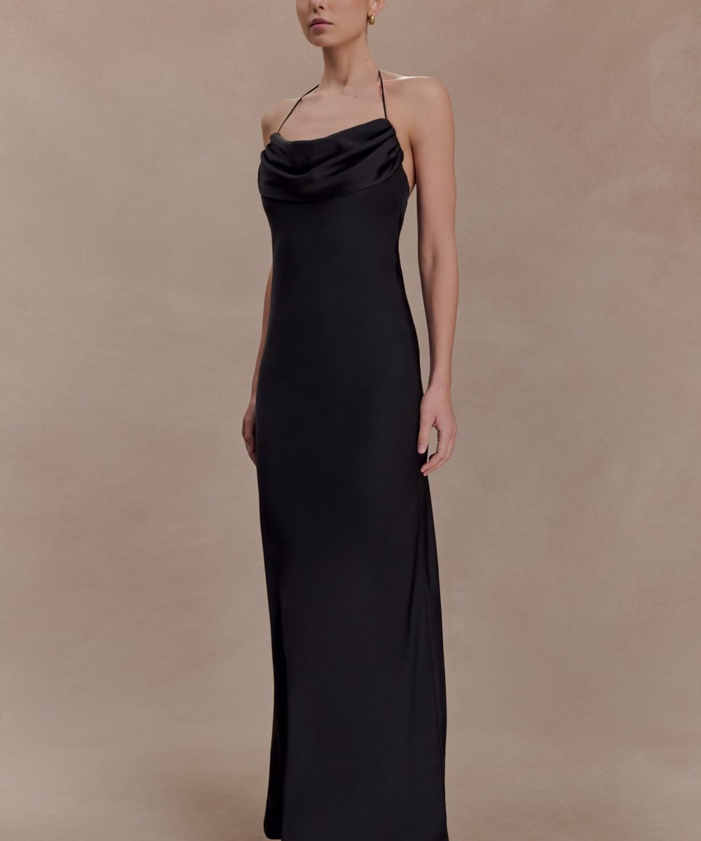 Lydia Cowl Neck Satin Maxi Dress - Black