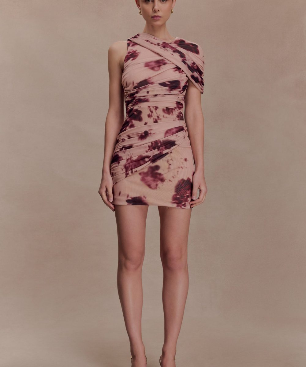 Adrienne One Shoulder Mesh Mini Dress - Nude Blurred Floral Print