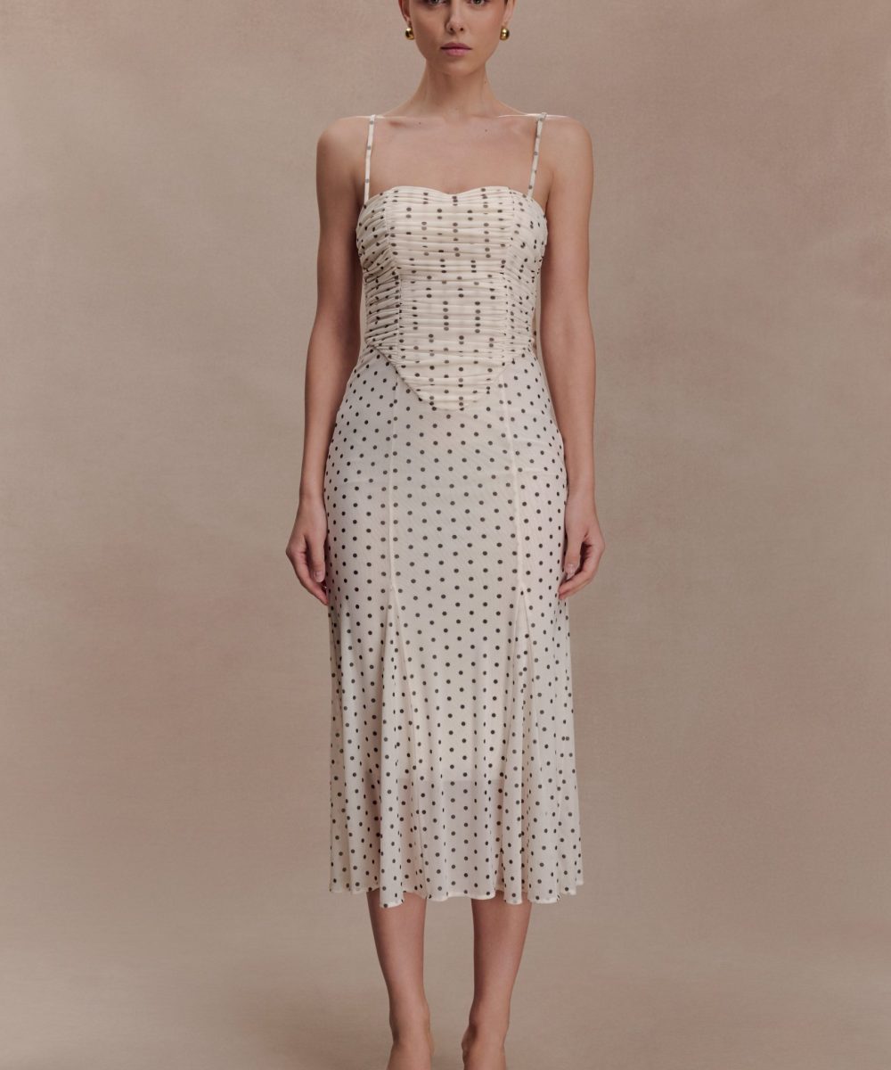 Willa Gathered Mesh Midi Dress - Polka Dot