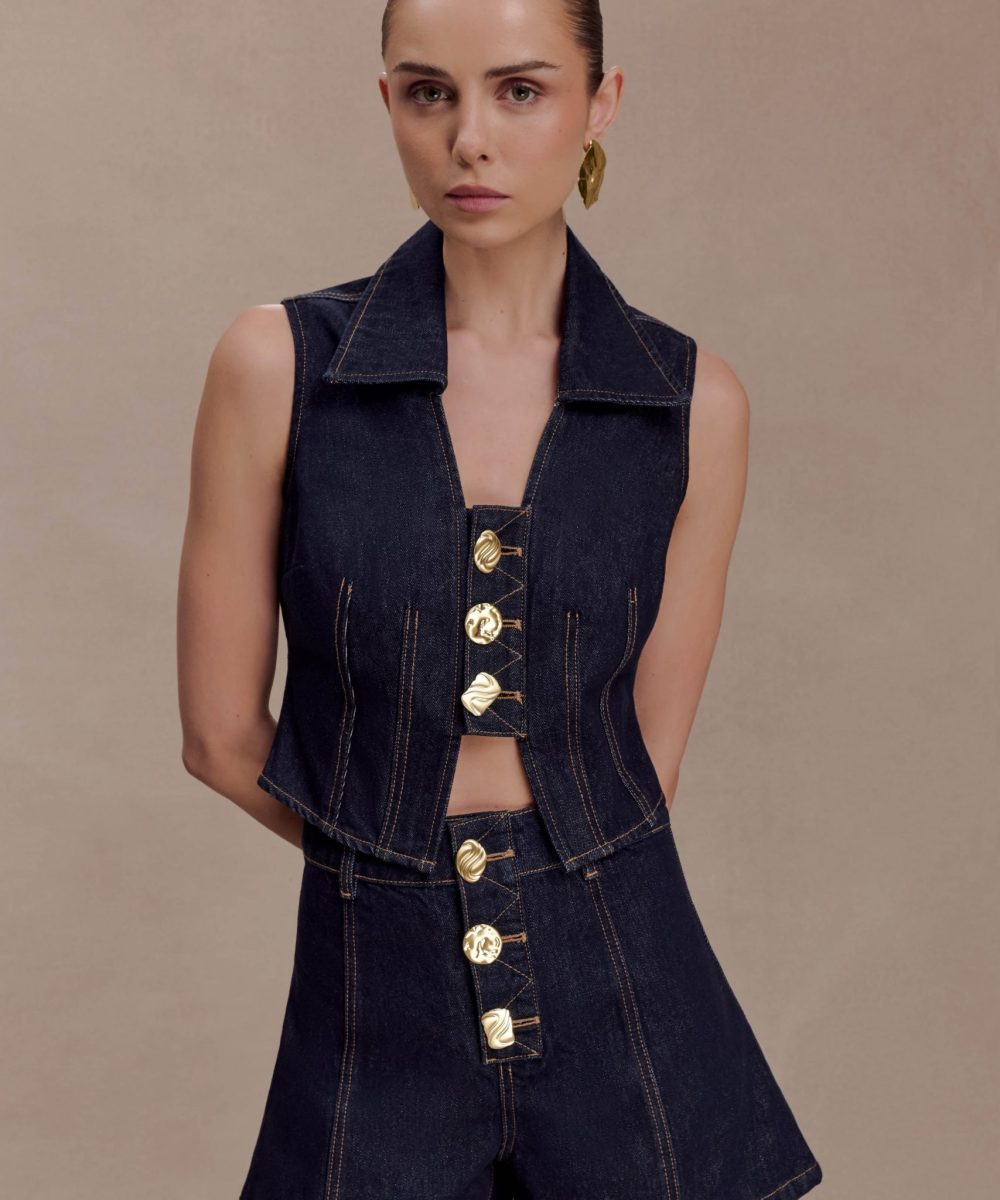Shona Denim Vest With Decorative Buttons - Washed Indigo Blue