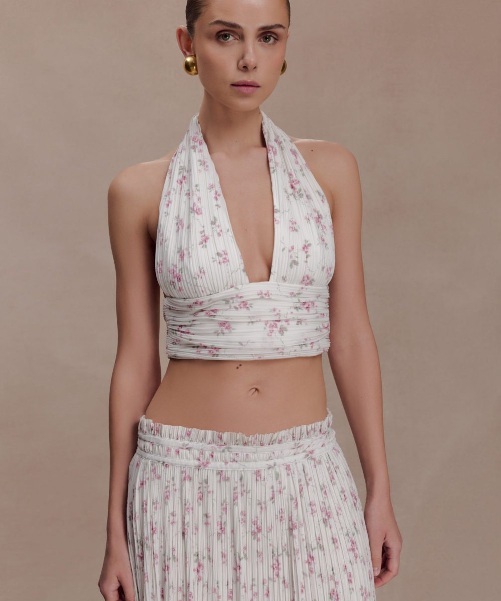 Amaris Sleeveless Plisse Halter Top - Floral Ditsy Print