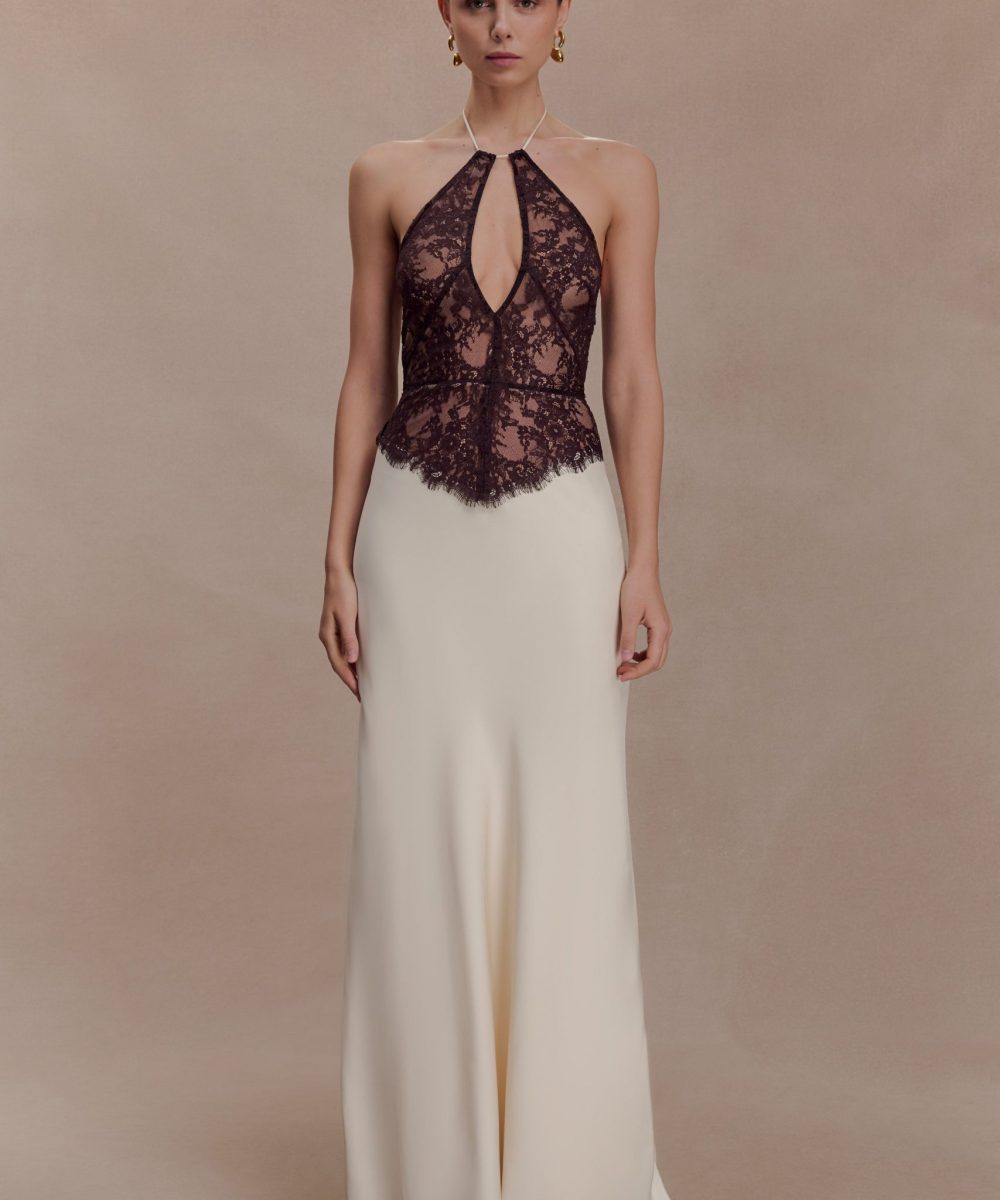 Sascha Lace And Satin Halter Maxi Dress - Ivory/Chocolate
