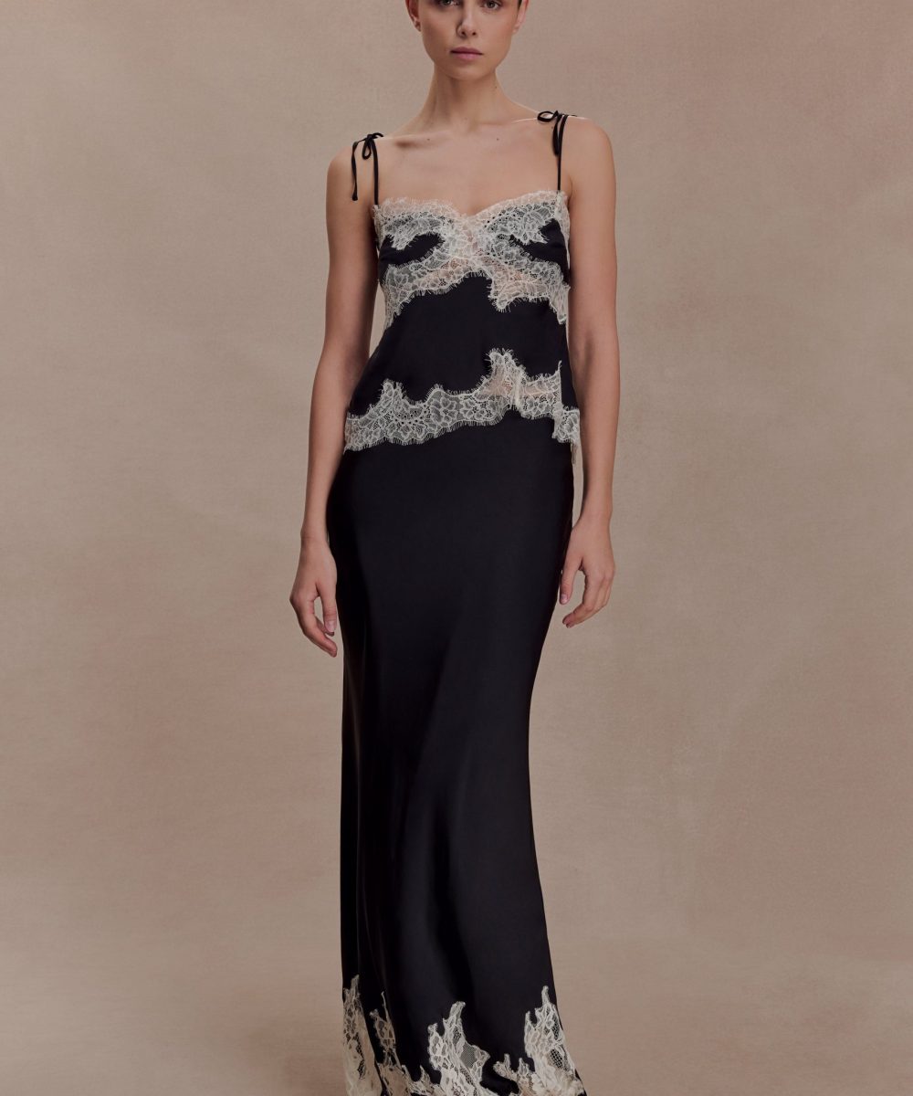 Nina Satin And Lace Maxi Skirt - Black/Ivory