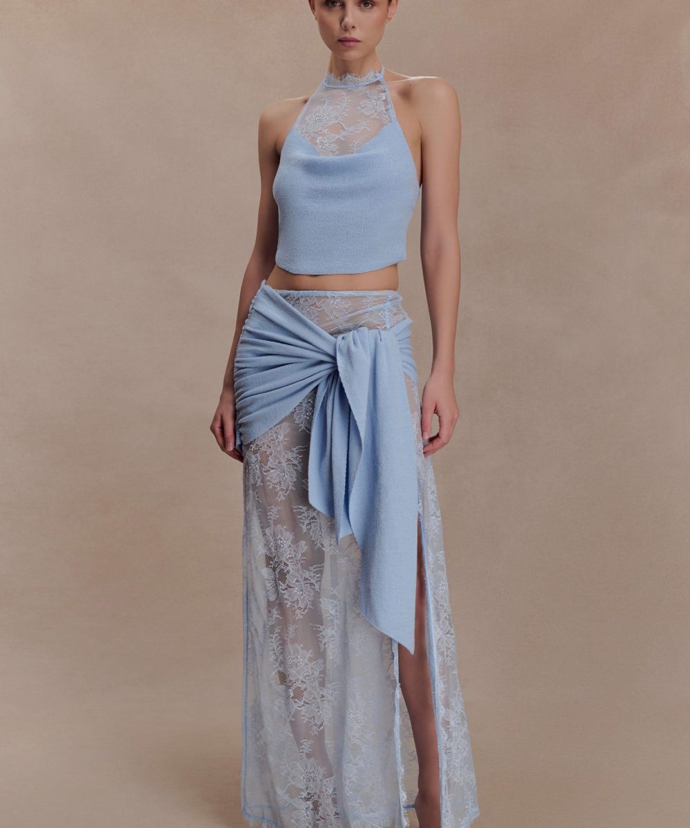 Lucy Lace And Knit Skirt - Cornflower Blue