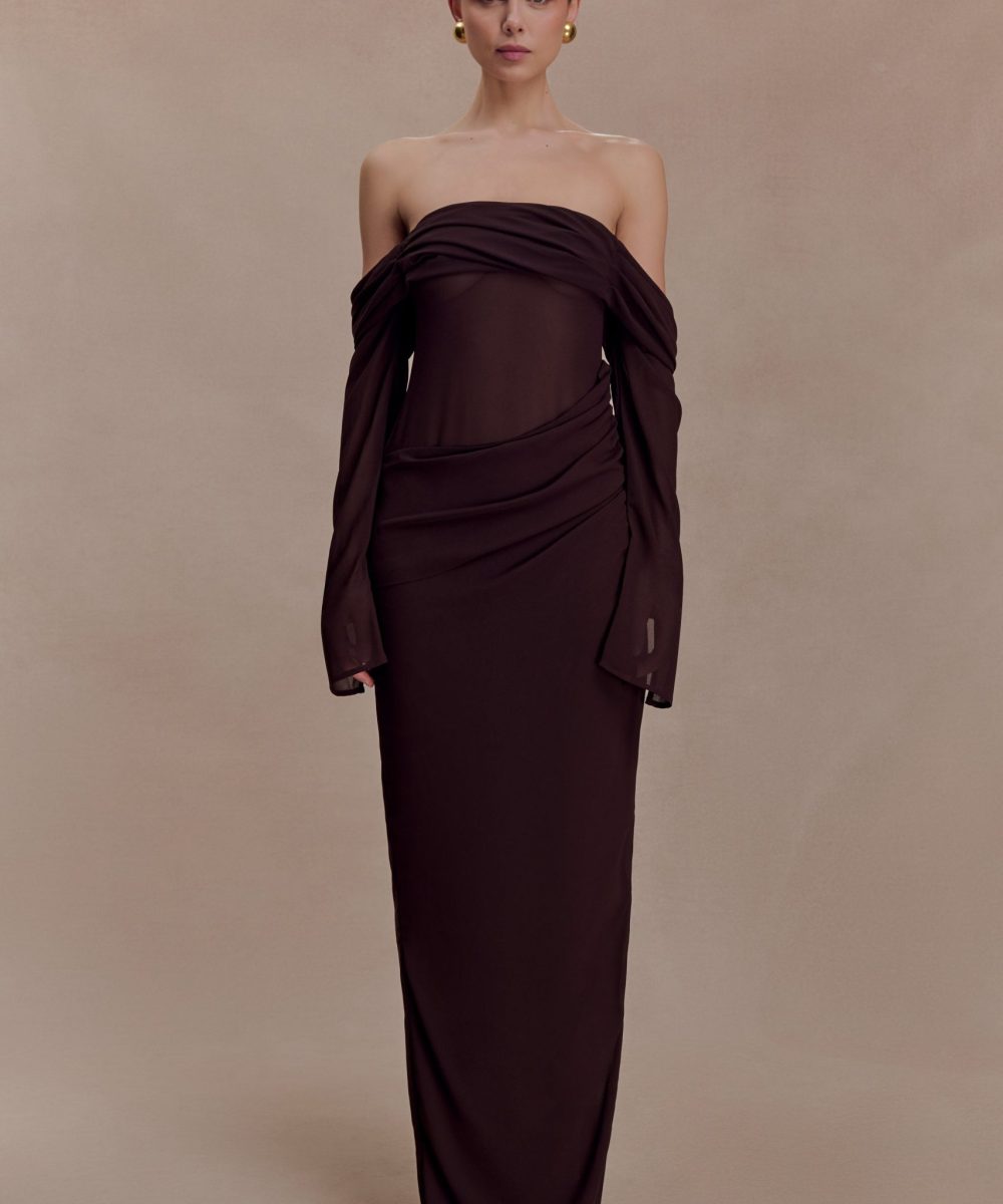 Kirsten Off Shoulder Chiffon Maxi Dress - Cacao Brown