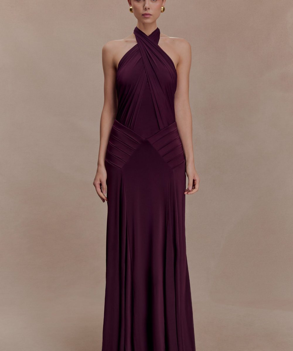 Indira Gathered Slinky Halter Maxi Dress - Mahogany