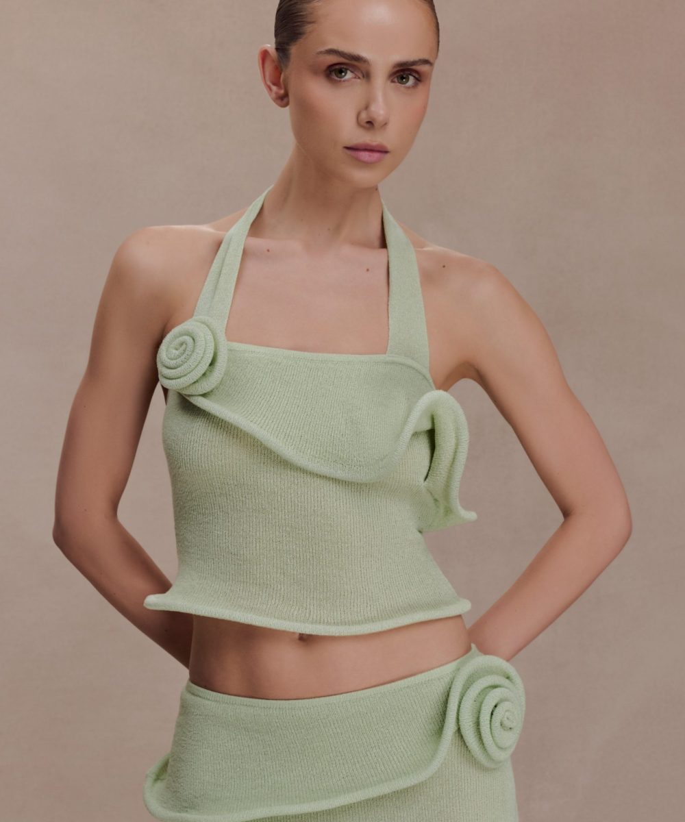 Samira Halter Knit Twist Top - Pastel Green