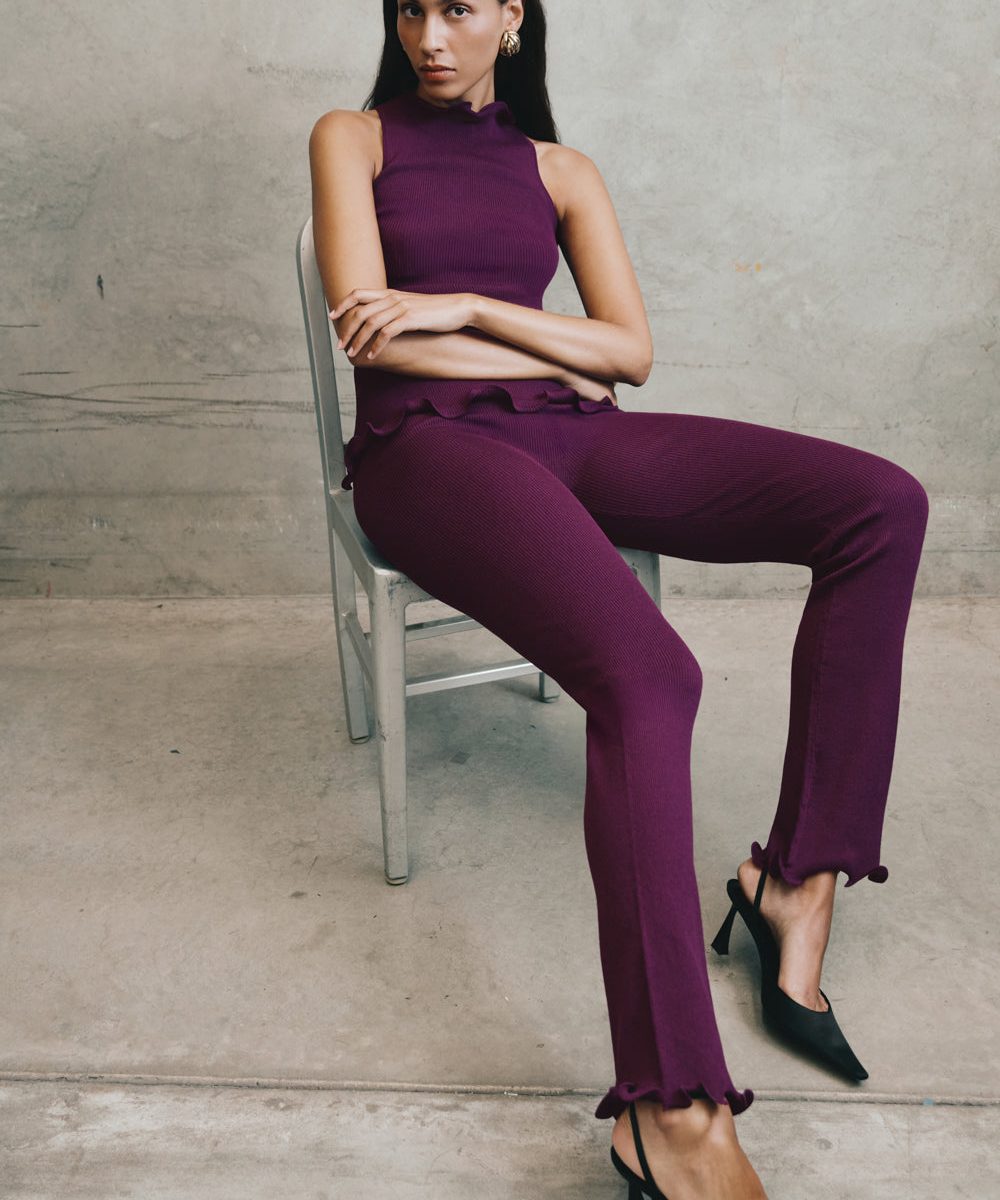 Diya Ribbed High Waisted Pants With Wire Hem - Plum