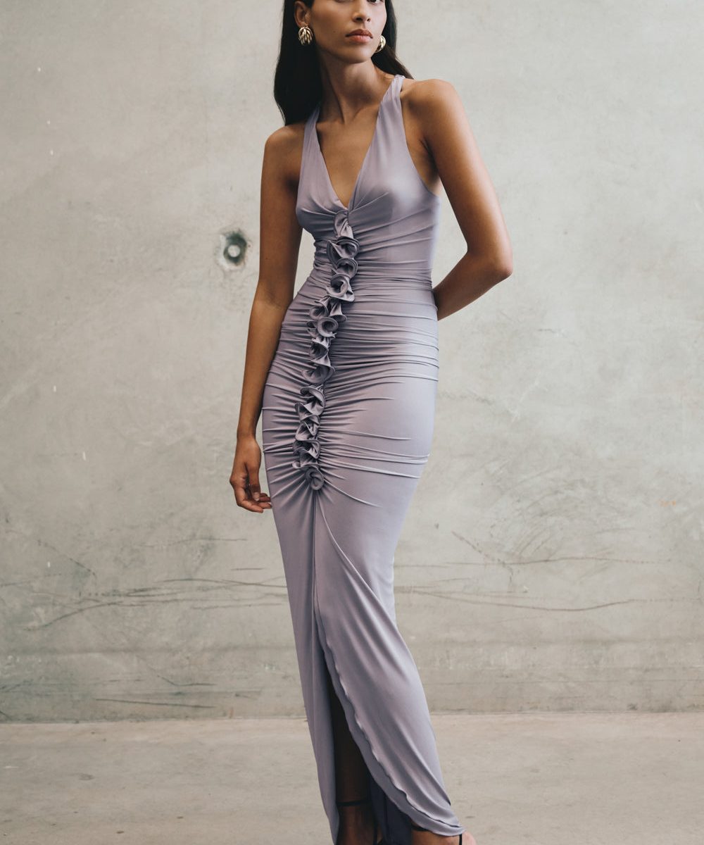 Alessandra Slinky Ruffle Maxi Dress - Grey