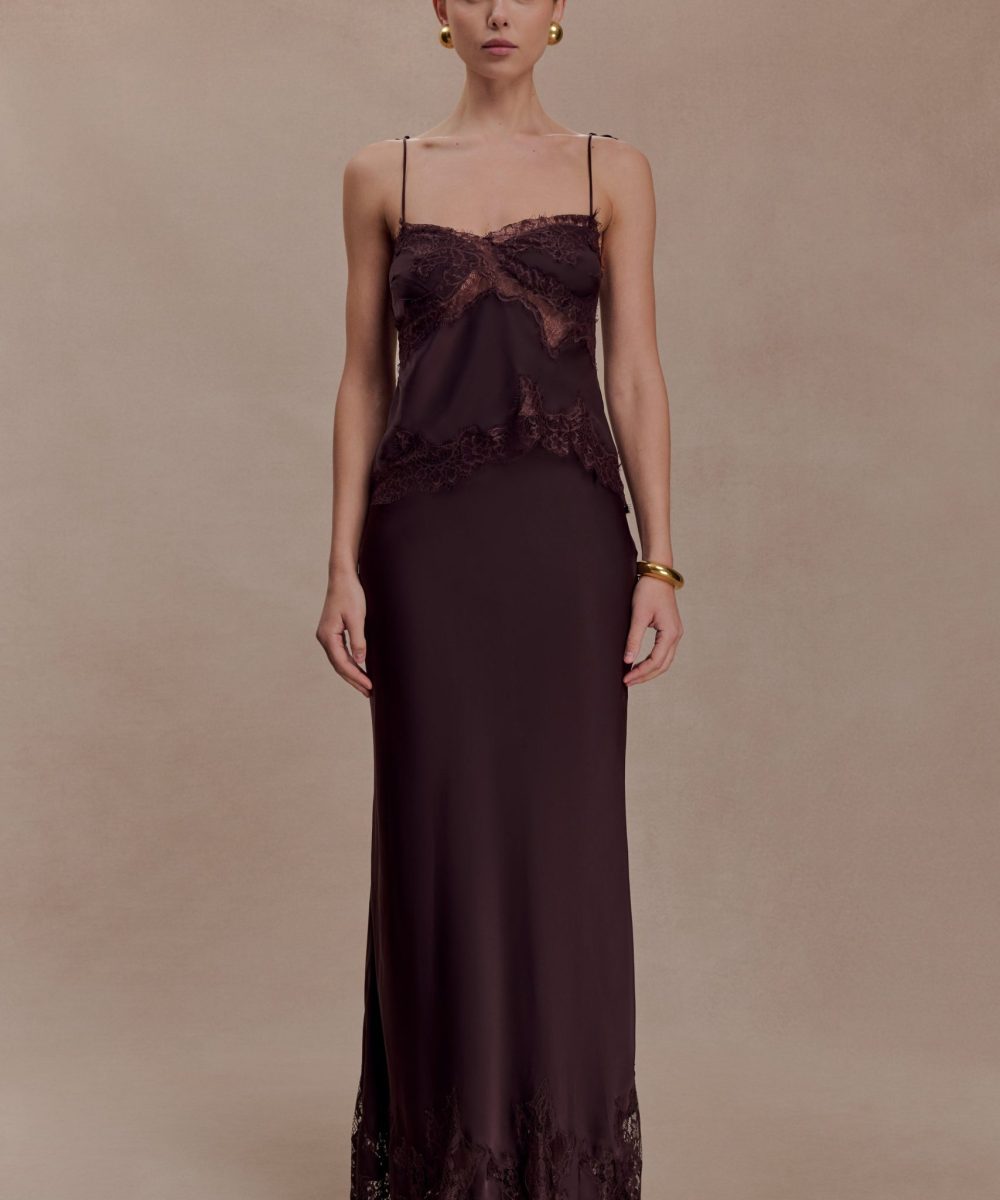 Nina Satin And Lace Maxi Skirt - Chocolate